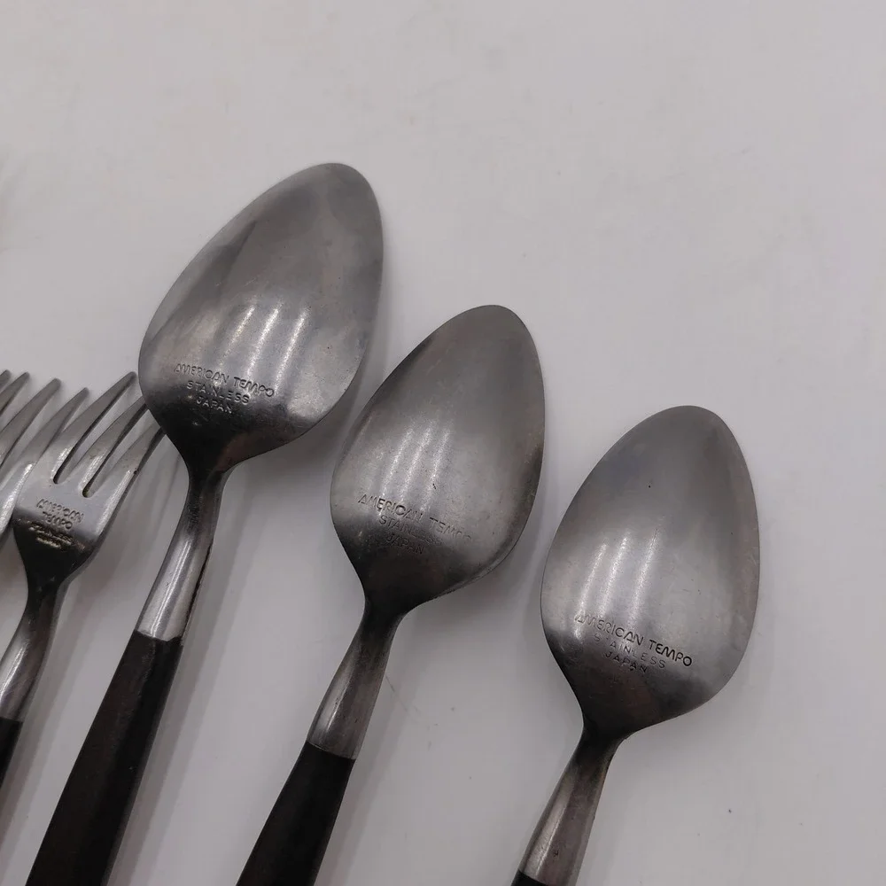 AMERICAN TEMPO 12 Mid Century Modern Stainless Flatware Faux Wood Japan MCM